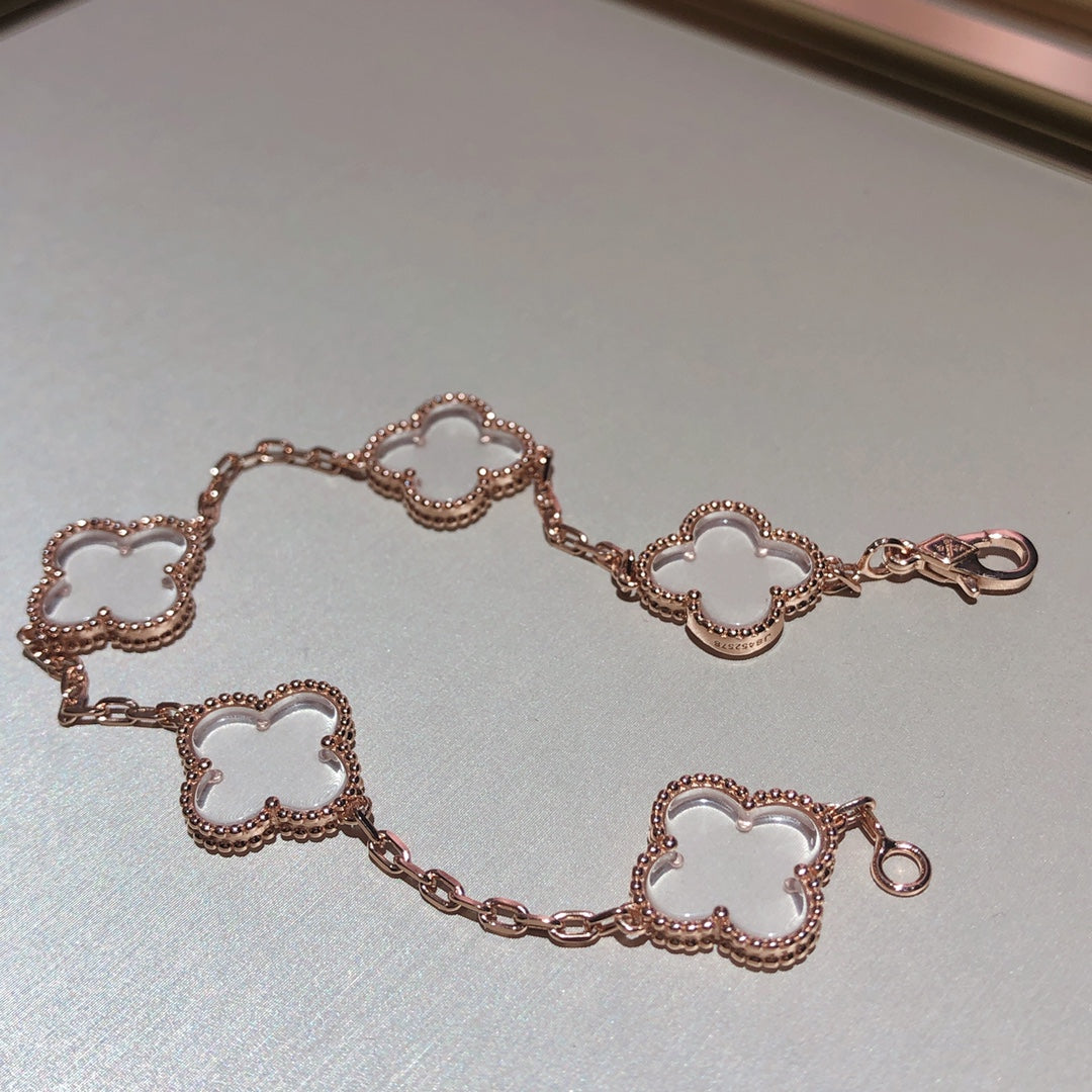 [：Polaidi Jewelry]CLOVER 5 MOTIF ROCK CRYSTAL PINK GOLD BRACELET