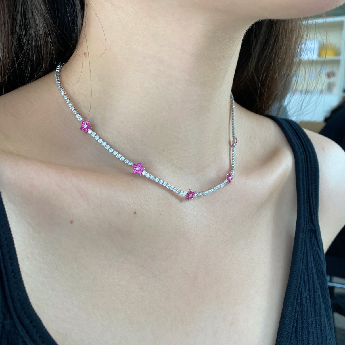 [Polaidi Jewelry]Luxurious Colorful Flower Tennis Necklace
