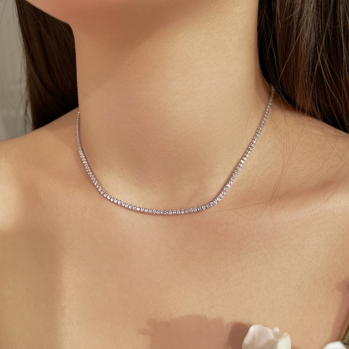 [Polaidi Jewelry]Delicate Round Shape Tennis Necklace