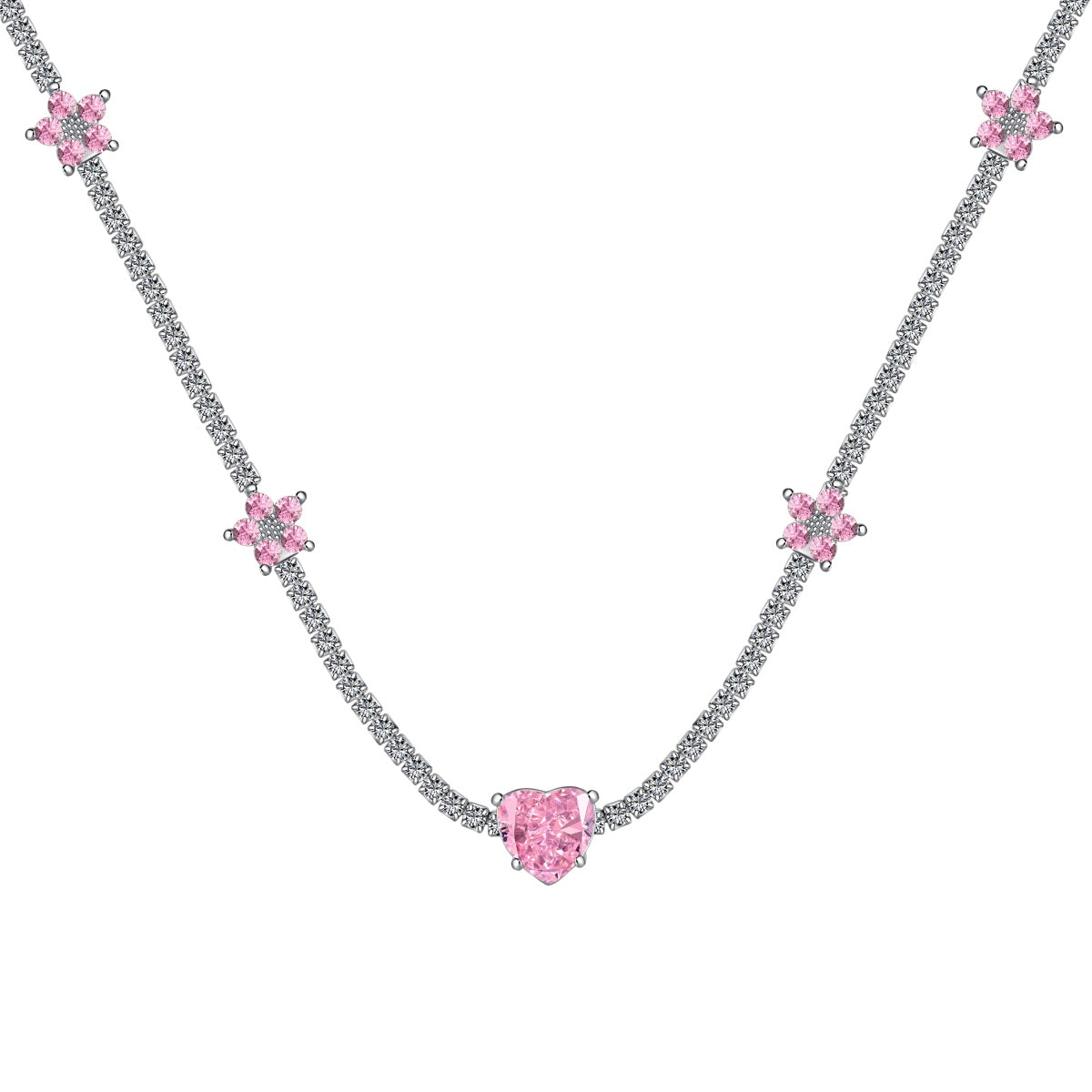 [Polaidi Jewelry]Dazzling Pink Heart Flower Necklace