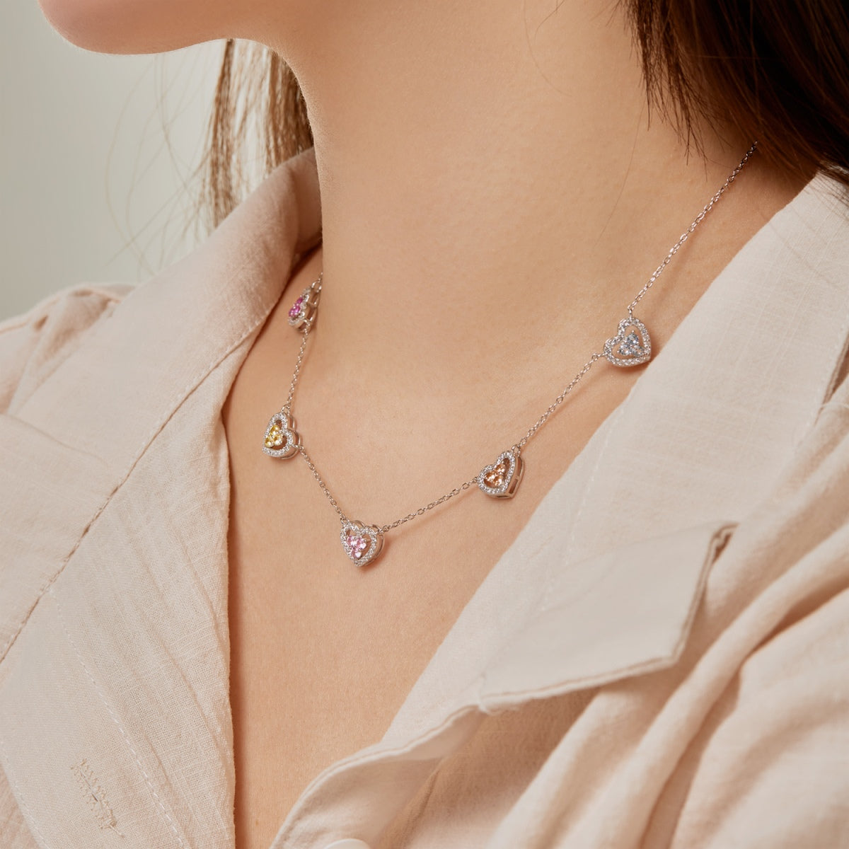 [Polaidi Jewelry]Sparkling Five Heart Necklace