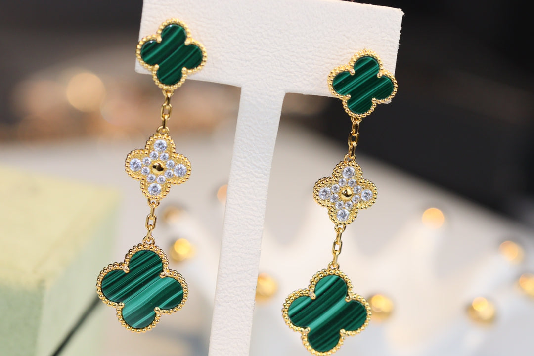 [Polaidi Jewelry]CLOVER EARRINGS GOLD MALACHITE DIAMOND 3 MOTIF