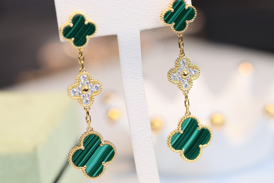 [Polaidi Jewelry]CLOVER EARRINGS GOLD MALACHITE DIAMOND 3 MOTIF
