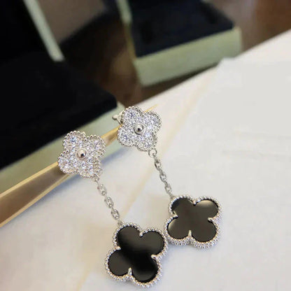 [Polaidi Jewelry]CLOVER 2 MOTIFS  DIAMOND ONYX EARRINGS SILVER