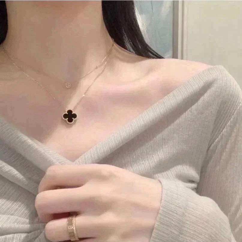 [：Polaidi Jewelry]CLOVER 15MM BLACK ONYX SINGLE FLOWER NECKLACE