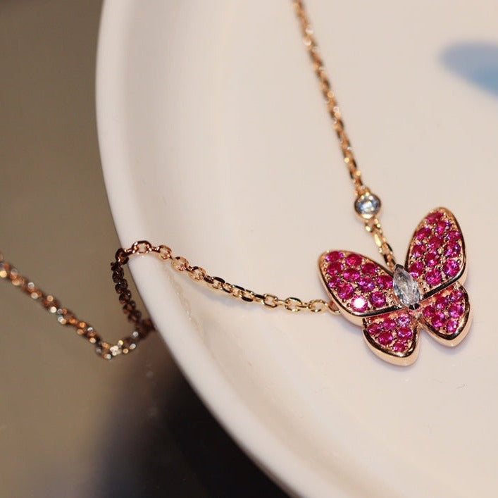 [Polaidi Jewelry]BUTTERFLY RED DIAMOND ROSE GOLD NECKLACE