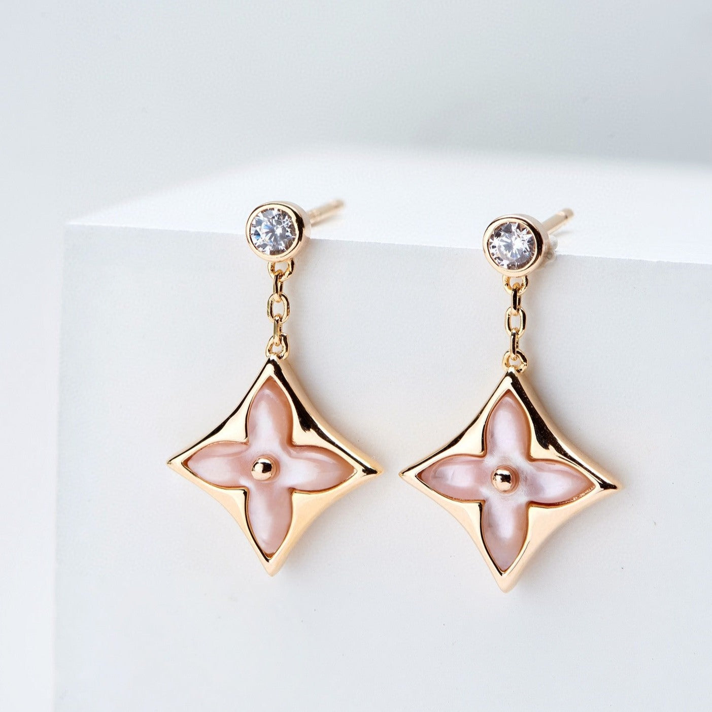 [Polaidi Jewelry]DOUBLE STAR PINK GOLD MOP DROP EARRINGS