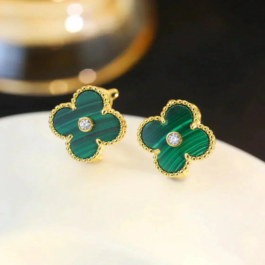 [：Polaidi Jewelry]CLOVER MEDIUM 1 MOTIFS MALACHITE DIAMOND EARRINGS