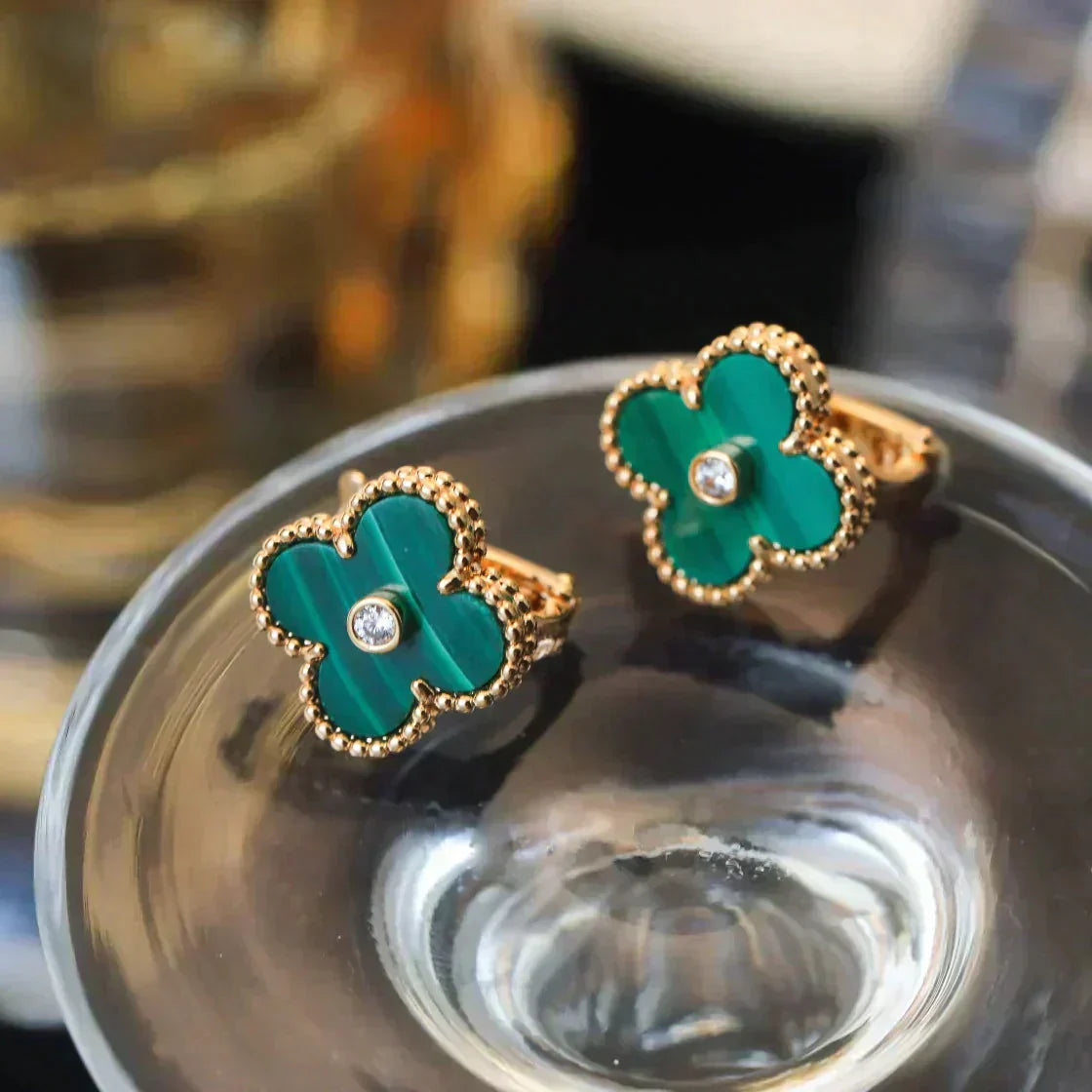 [：Polaidi Jewelry]CLOVER MEDIUM 1 MOTIFS MALACHITE DIAMOND EARRINGS