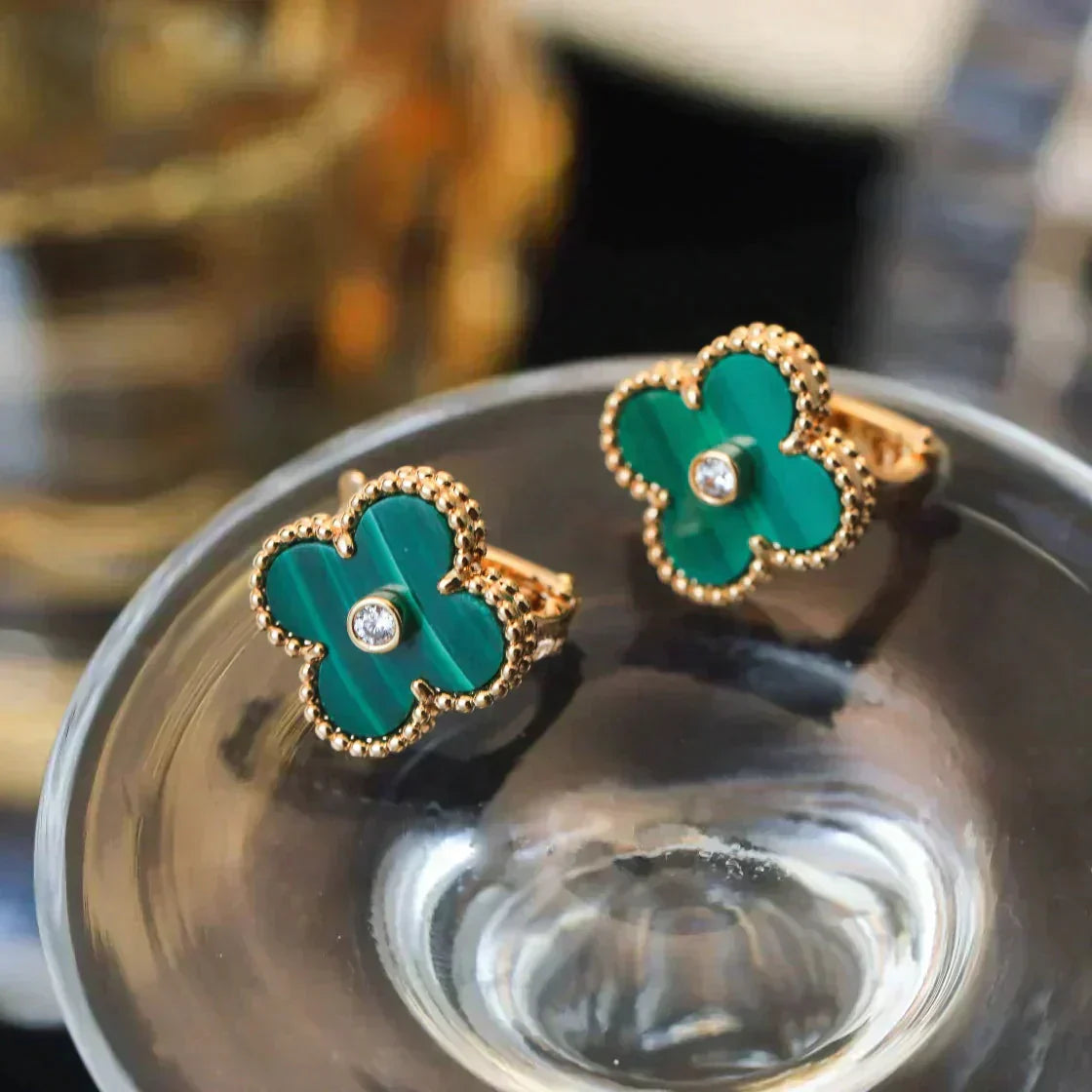 [Polaidi Jewelry]CLOVER MEDIUM 1 MOTIFS MALACHITE DIAMOND EARRINGS