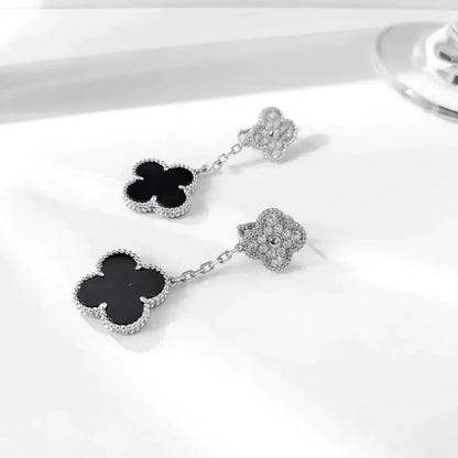 [Polaidi Jewelry]CLOVER 2 MOTIFS  DIAMOND ONYX EARRINGS SILVER