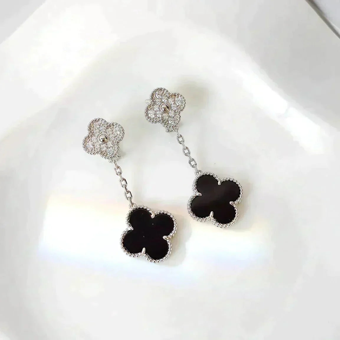 [Polaidi Jewelry]CLOVER 2 MOTIFS  DIAMOND ONYX EARRINGS SILVER