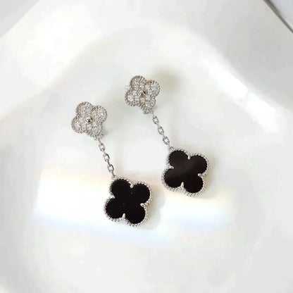 [Polaidi Jewelry]CLOVER 2 MOTIFS  DIAMOND ONYX EARRINGS SILVER