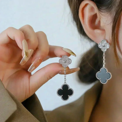 [Polaidi Jewelry]CLOVER 2 MOTIFS  DIAMOND ONYX EARRINGS SILVER