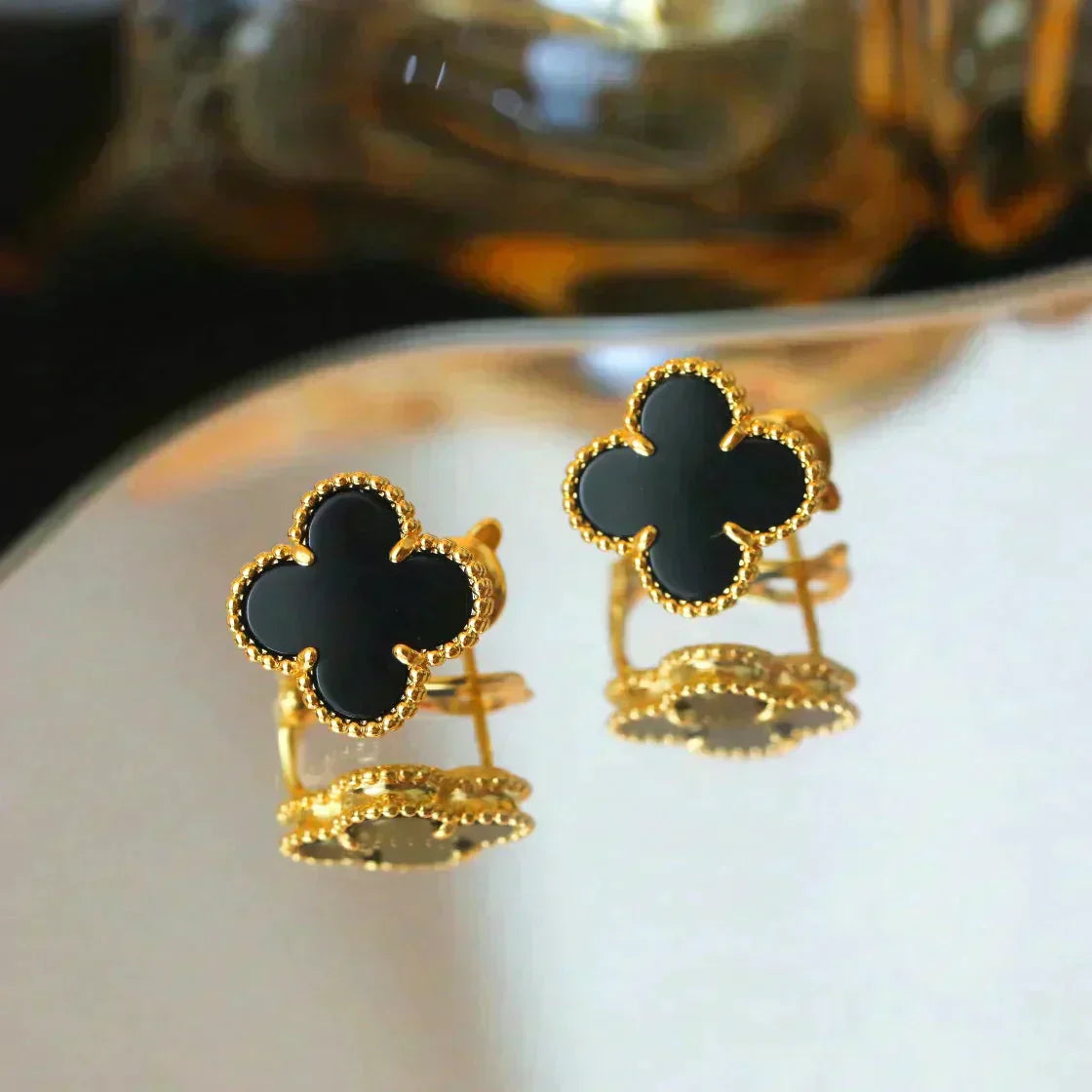 [Polaidi Jewelry]CLOVER MEDIUM 1 MOTIFS  ONYX STUD EARRINGS