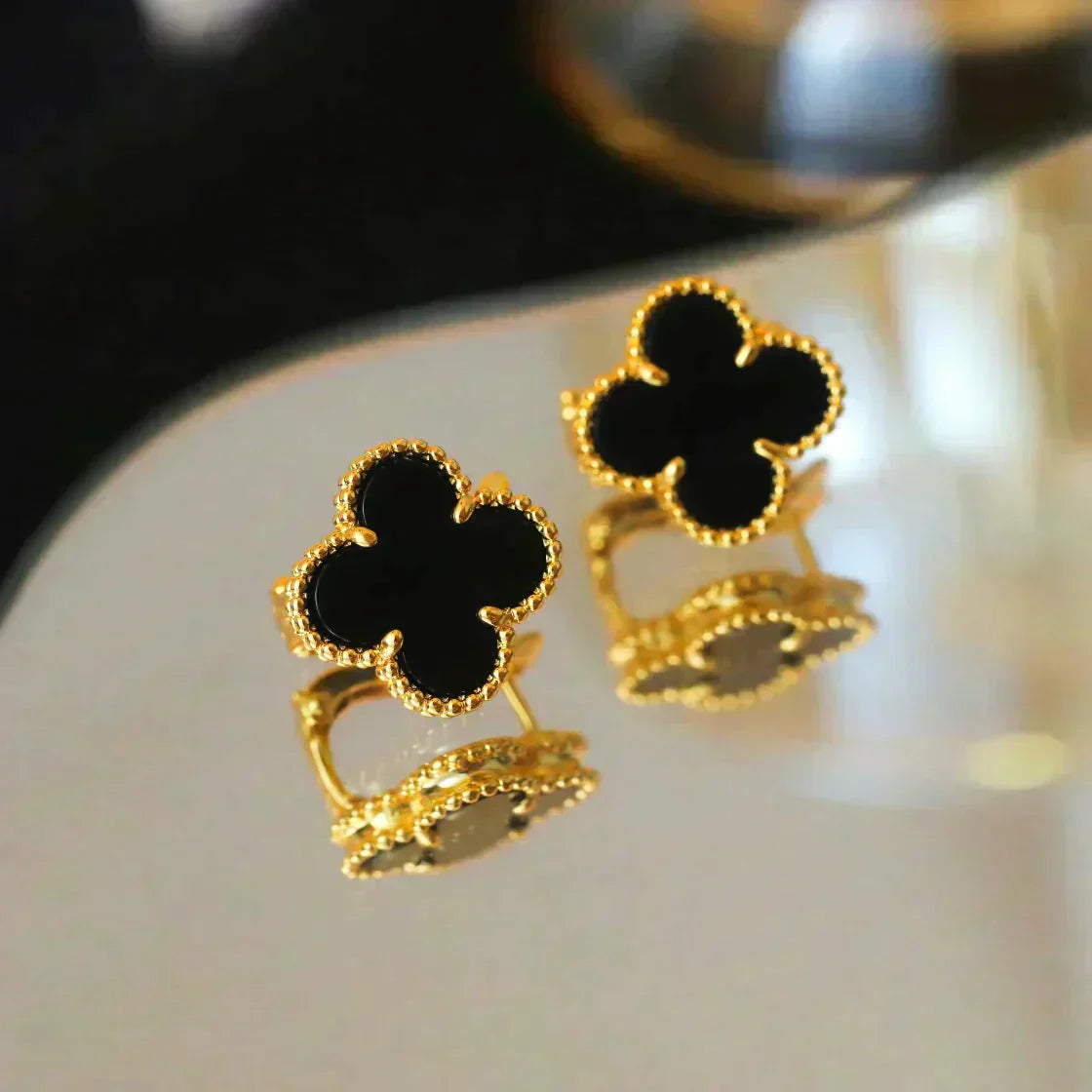 [：Polaidi Jewelry]CLOVER MEDIUM 1 MOTIFS  ONYX STUD EARRINGS