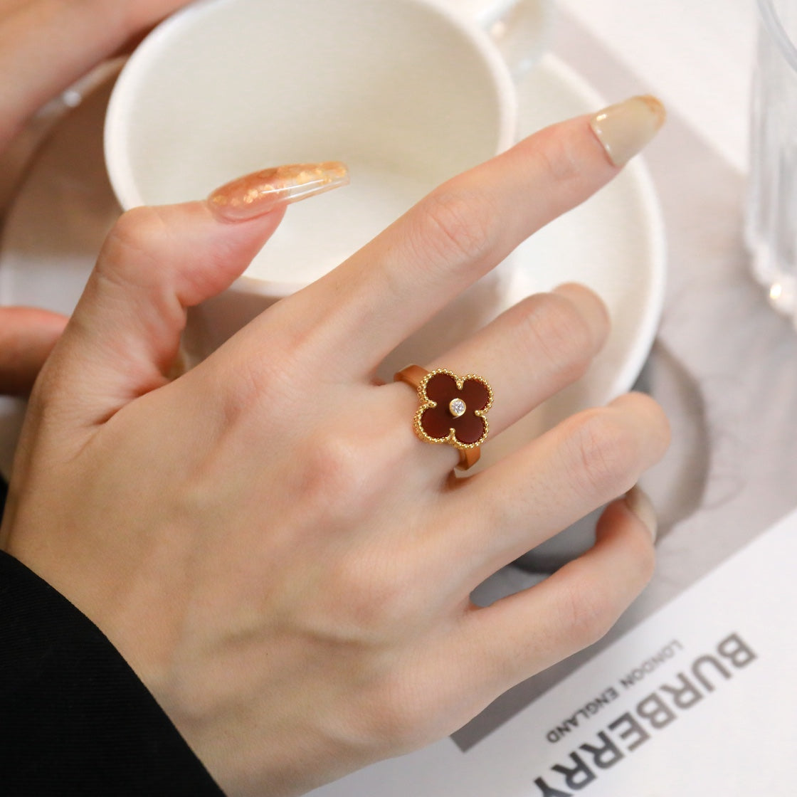[Polaidi Jewelry]CLOVER CARNELIAN RING ROSE GOLD DIAMOND