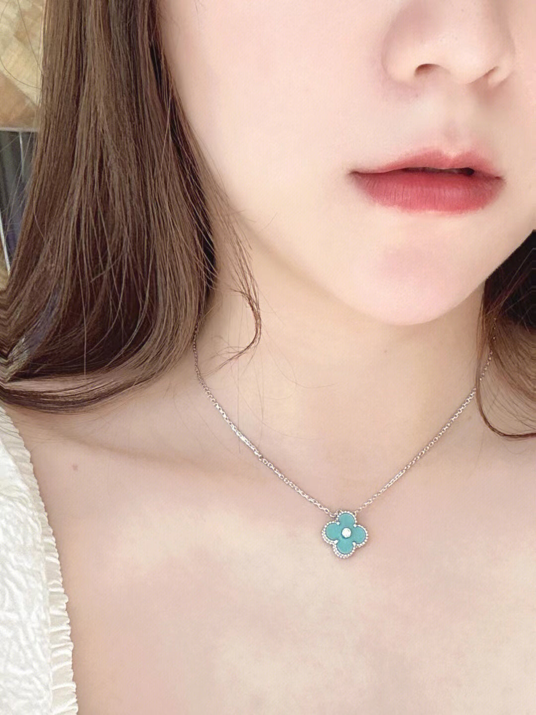 [：Polaidi Jewelry]CLOVER 1 DIAMOND LIGHT BLUE SILVER NECKLACE