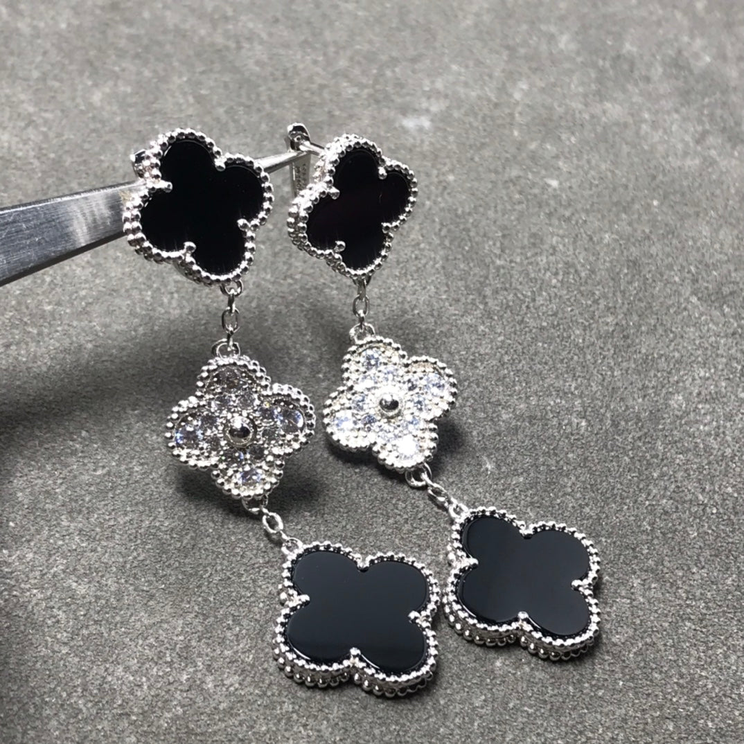 [：Polaidi Jewelry]CLOVER 3 MOTIF DIAMOND ONYX SILVER EARRINGS