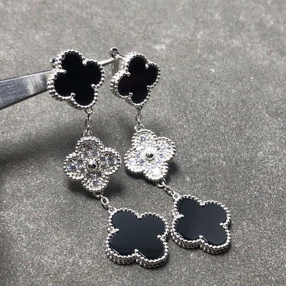 [：Polaidi Jewelry]CLOVER 3 MOTIF DIAMOND ONYX SILVER EARRINGS