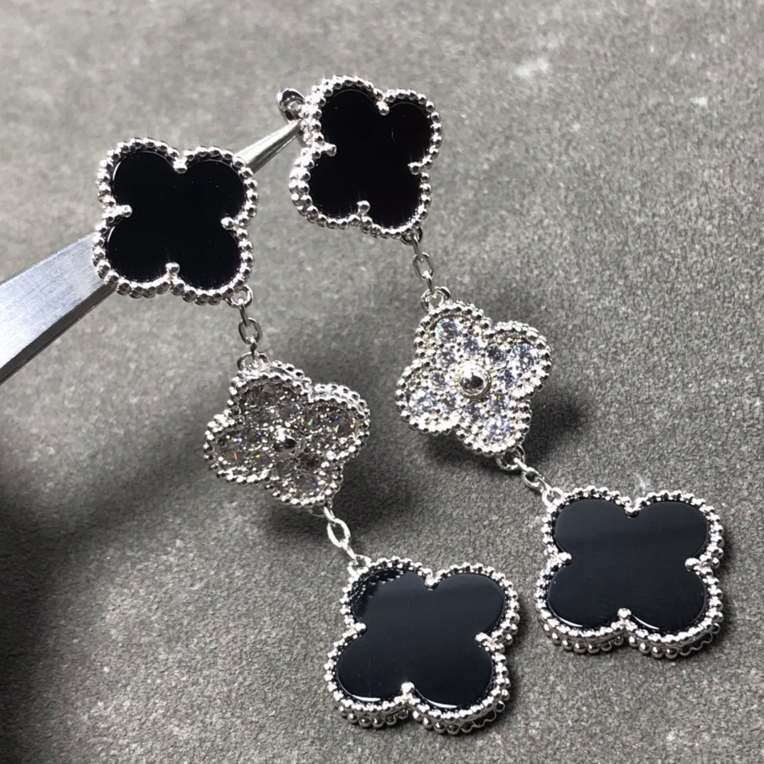 [：Polaidi Jewelry]CLOVER 3 MOTIF DIAMOND ONYX SILVER EARRINGS