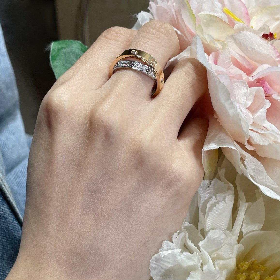 [：Polaidi Jewelry]LOVE PINK GOLD SILVER DIAMOND DOUBLE RING