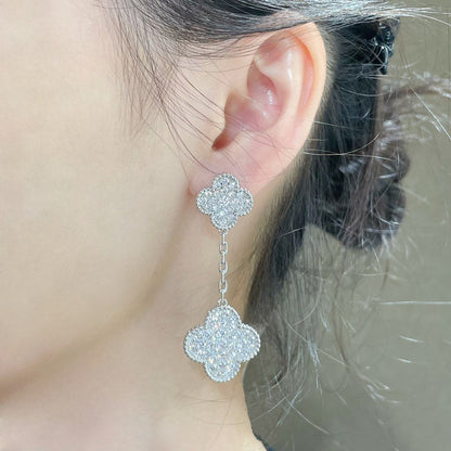[Polaidi Jewelry]CLOVER 2 MOTIFS DIAMOND PAVED SILVER EARRINGS