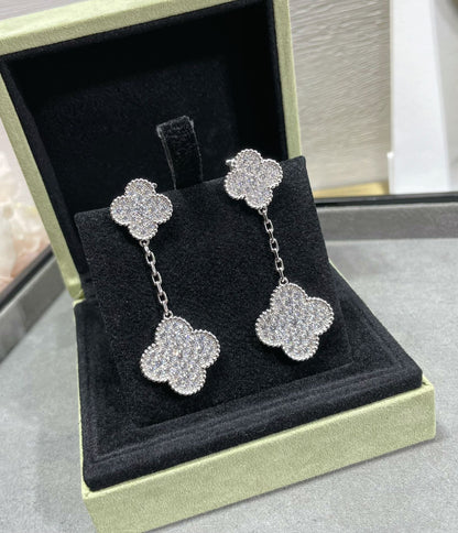 [Polaidi Jewelry]CLOVER 2 MOTIFS DIAMOND PAVED SILVER EARRINGS
