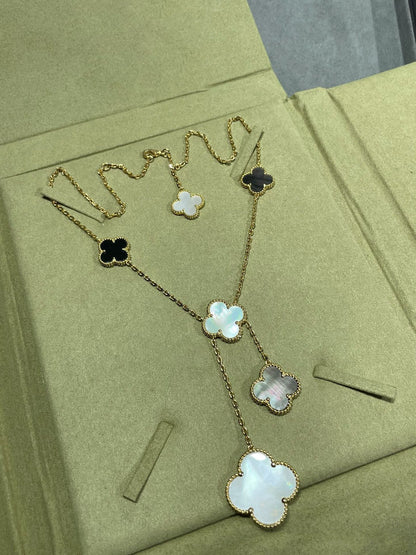 [：Polaidi Jewelry]CLOVER 6 MOTIF MOP ONYX GOLD NECKLACE