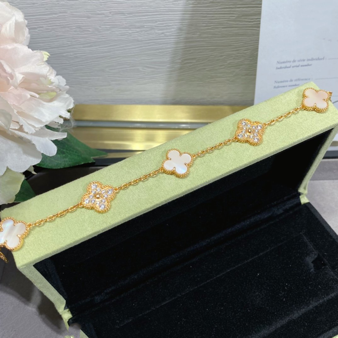 [：Polaidi Jewelry]CLOVER 5 MOTIF DIAMOND PINK MOP PINK GOLD BRACELET