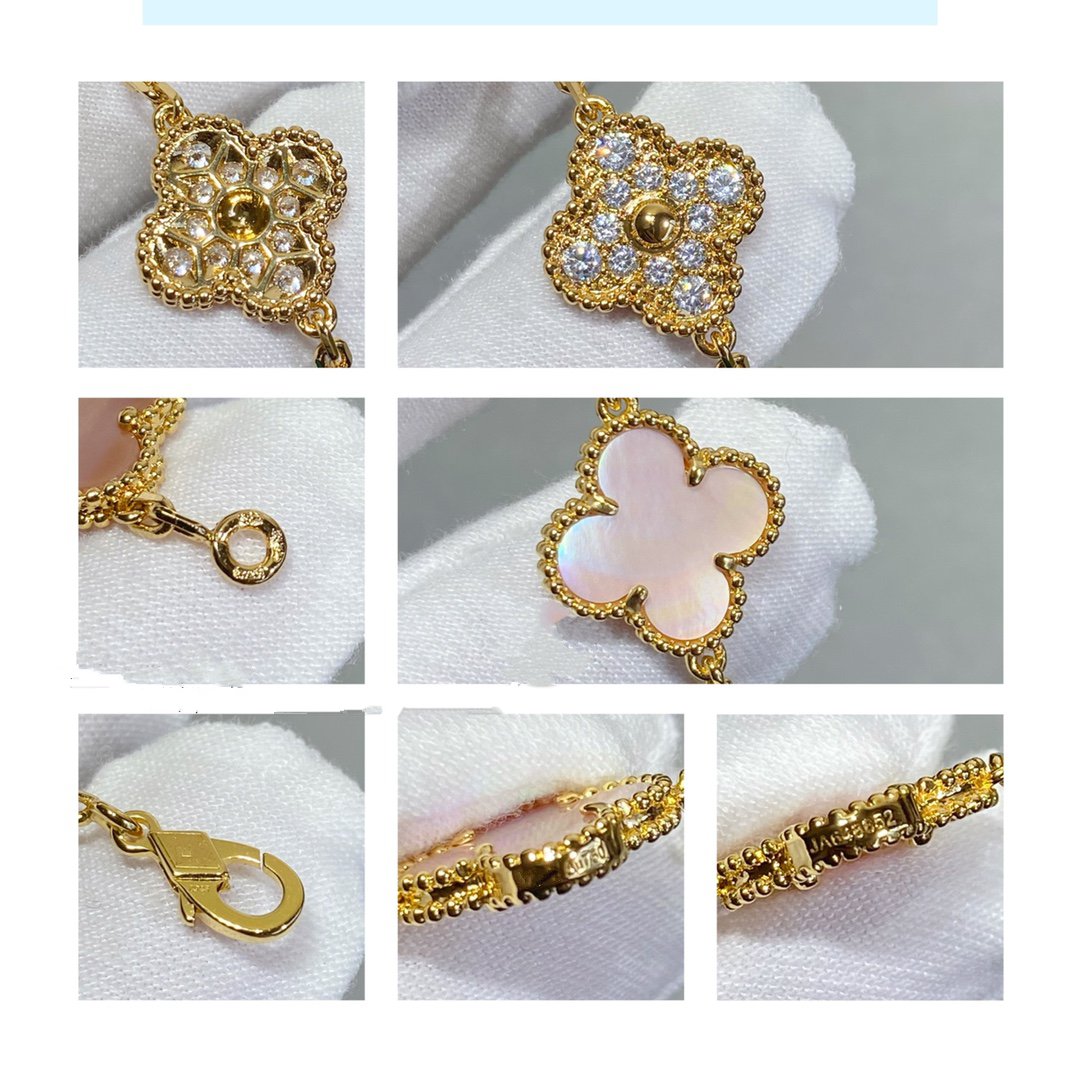 [：Polaidi Jewelry]CLOVER 5 MOTIF DIAMOND PINK MOP PINK GOLD BRACELET
