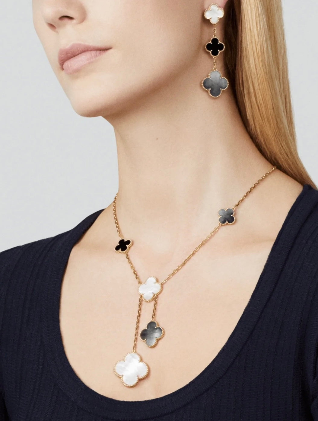 [Polaidi Jewelry]CLOVER 3 MOTIF MOP ONYX DARK MOP PINK GOLD EARRINGS