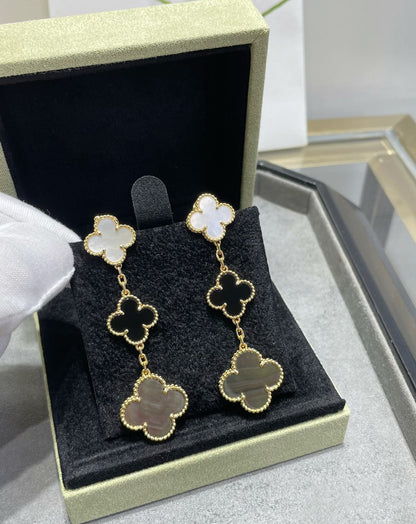 [Polaidi Jewelry]CLOVER 3 MOTIF MOP ONYX DARK MOP PINK GOLD EARRINGS