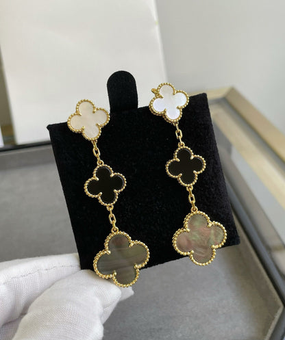 [Polaidi Jewelry]CLOVER 3 MOTIF MOP ONYX DARK MOP PINK GOLD EARRINGS