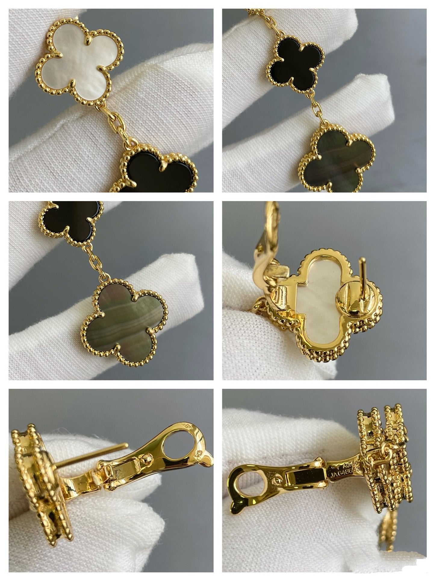 [：Polaidi Jewelry]CLOVER 3 MOTIF MOP ONYX DARK MOP PINK GOLD EARRINGS