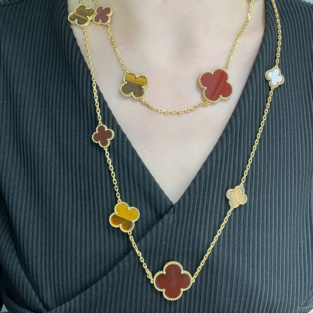 [：Polaidi Jewelry]CLOVER 16 MOTIF CARNELIAN TIGER EYE ROSE GOLD NECKLACE