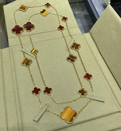 [：Polaidi Jewelry]CLOVER 16 MOTIF CARNELIAN TIGER EYE ROSE GOLD NECKLACE
