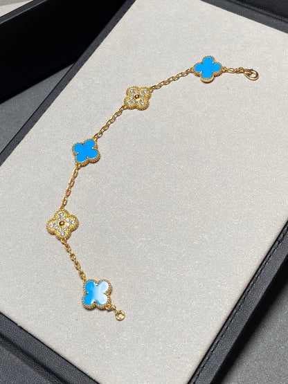 [：Polaidi Jewelry]CLOVER 5 MOTIF BLUE CHALCEDONY DIAMOND GOLD BRACELET