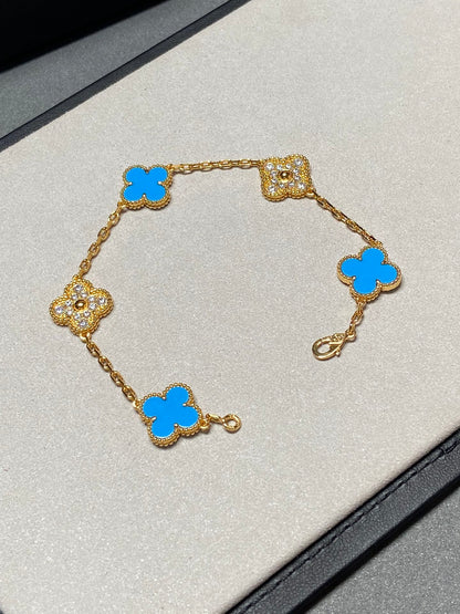 [：Polaidi Jewelry]CLOVER 5 MOTIF BLUE CHALCEDONY DIAMOND GOLD BRACELET