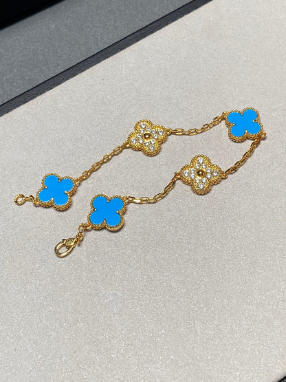 [：Polaidi Jewelry]CLOVER 5 MOTIF BLUE CHALCEDONY DIAMOND GOLD BRACELET
