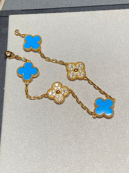 [：Polaidi Jewelry]CLOVER 5 MOTIF BLUE CHALCEDONY DIAMOND GOLD BRACELET