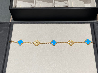 [：Polaidi Jewelry]CLOVER 5 MOTIF BLUE CHALCEDONY DIAMOND GOLD BRACELET