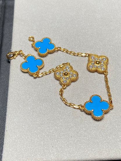 [：Polaidi Jewelry]CLOVER 5 MOTIF BLUE CHALCEDONY DIAMOND GOLD BRACELET