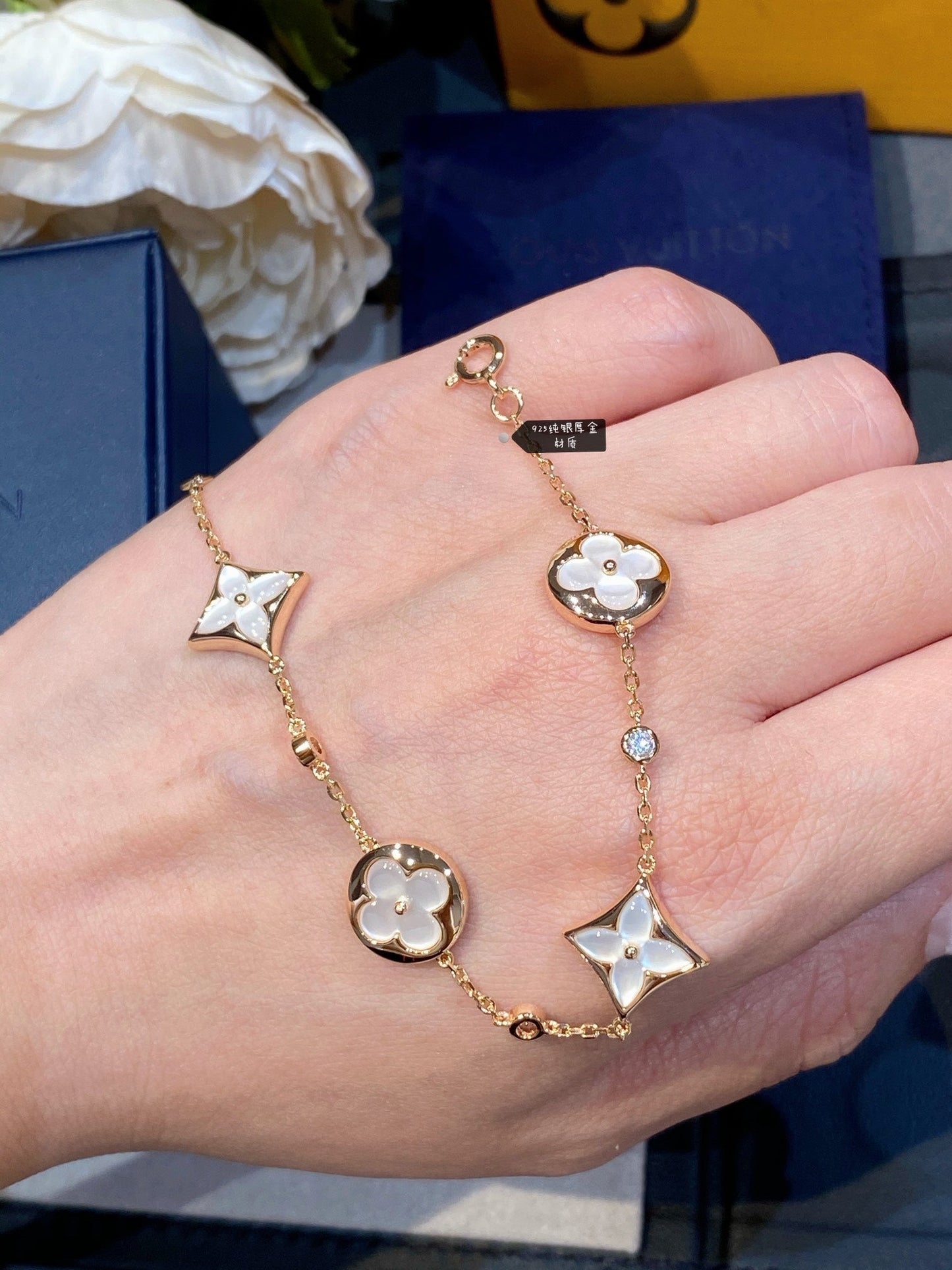 [：Polaidi Jewelry]STAR AND SUN 4 MOTIF WHITE MOP PINK GOLD BRACELET