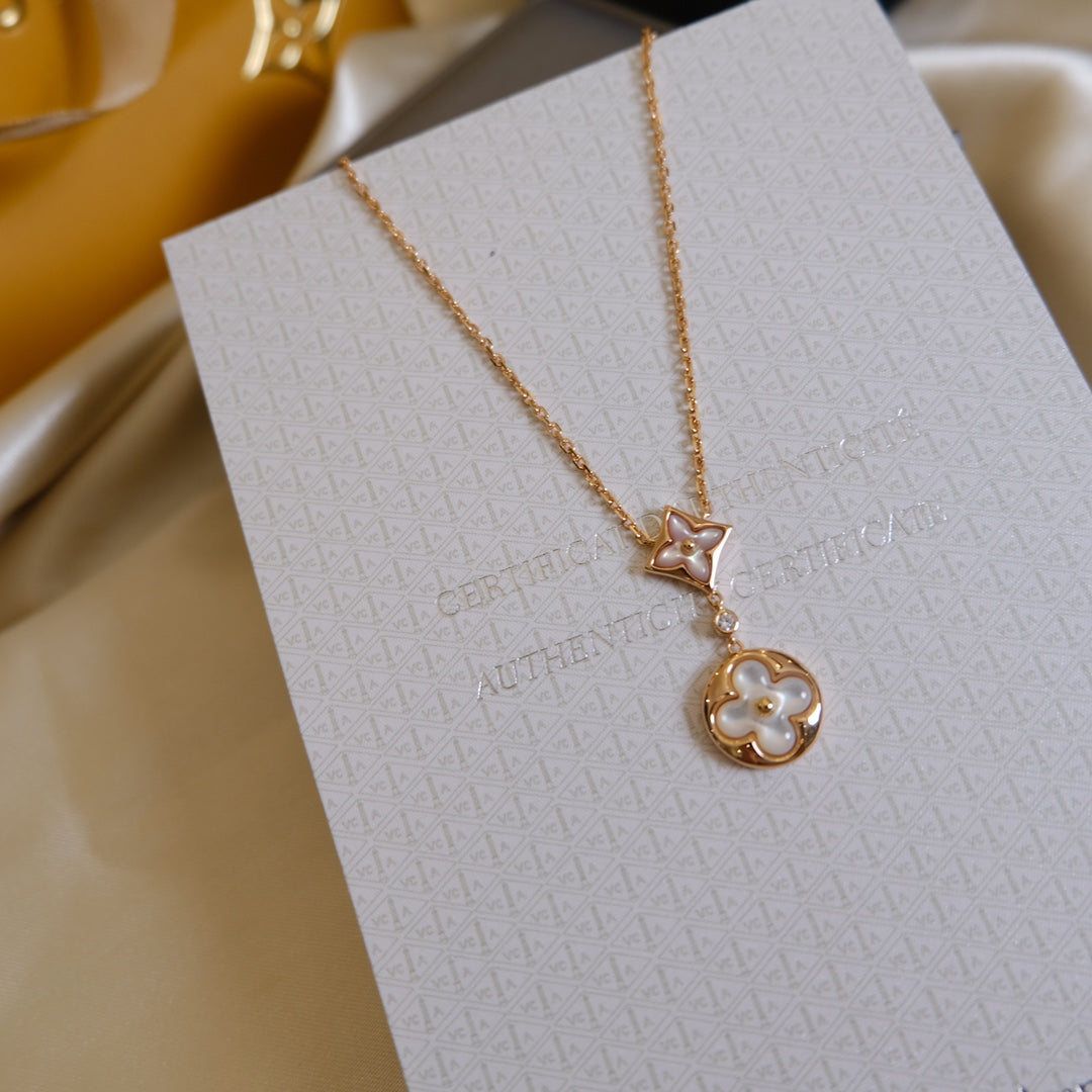 [Polaidi Jewelry]STAR AND SUN WHITE MOP 2 MOTIF PINK GOLD NECKLACE