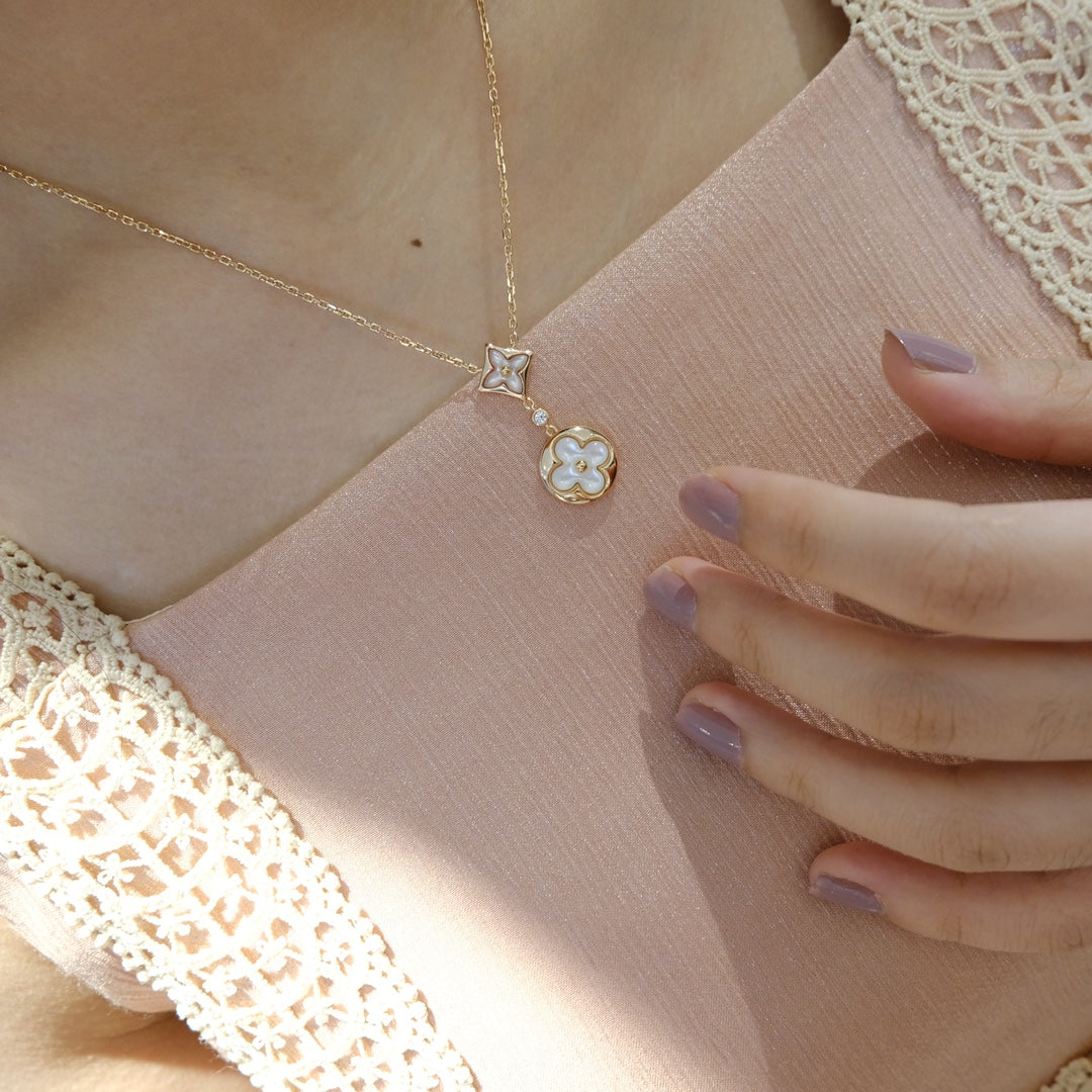 [:Polaidi Jewelry]スターアンドサン ホワイトMOP 2モチーフ ピンクゴールドネックレス