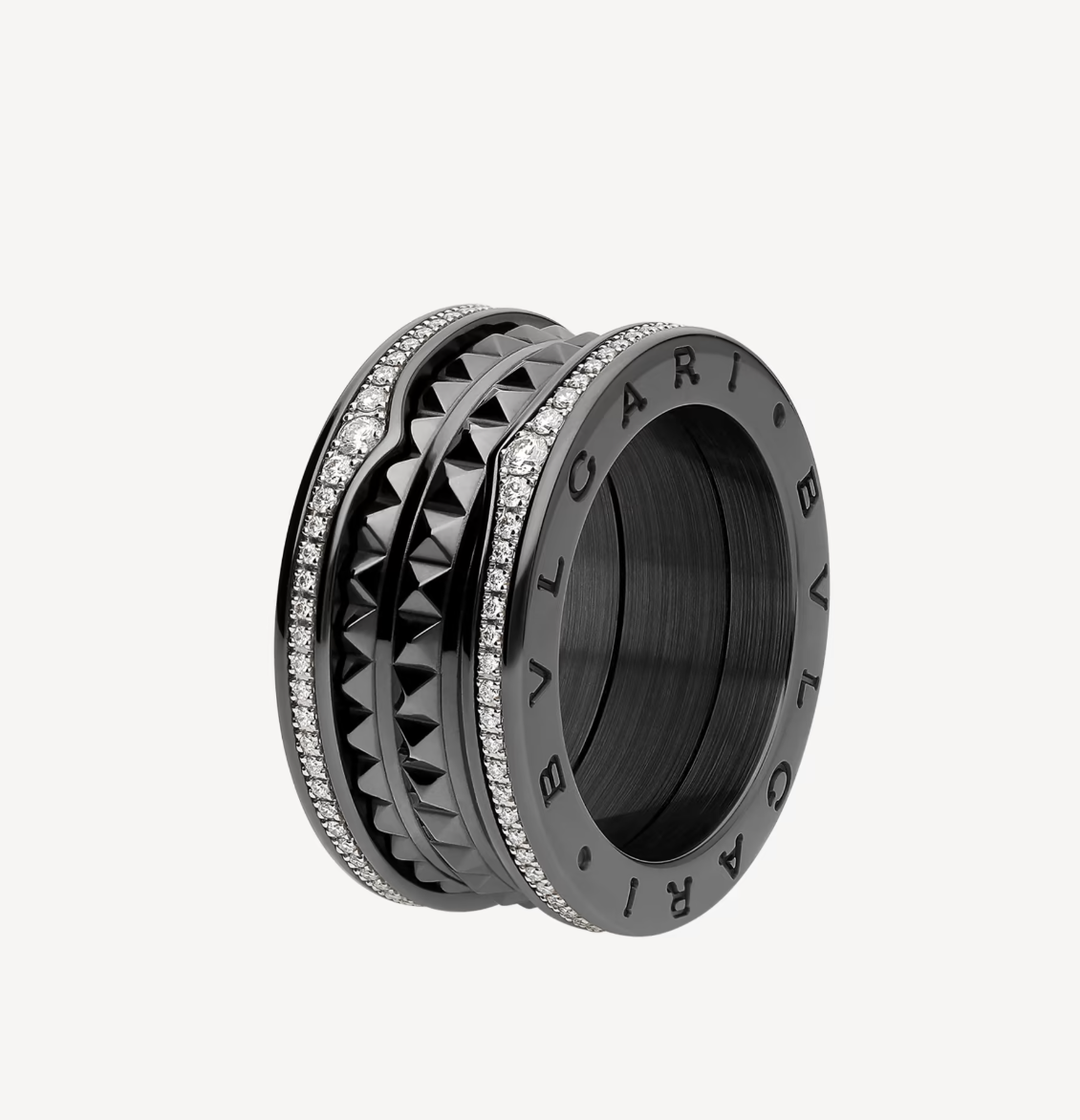 [Polaidi Jewelry]ZERO 1 ROCK FOUR-BAND BLACK CERAMIC WITH STUDDED SPIRAL AND PAVED DIAMONDS RING