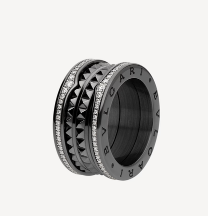 [Polaidi Jewelry]ZERO 1 ROCK FOUR-BAND BLACK CERAMIC WITH STUDDED SPIRAL AND PAVED DIAMONDS RING