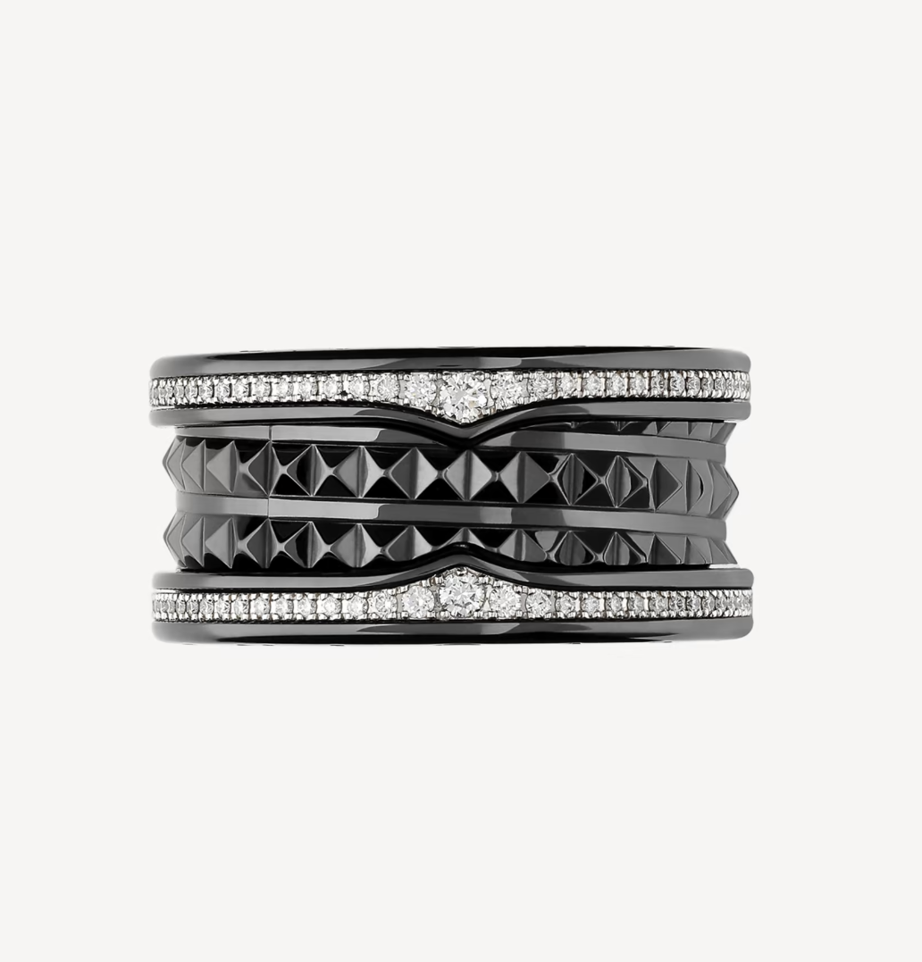 [Polaidi Jewelry]ZERO 1 ROCK FOUR-BAND BLACK CERAMIC WITH STUDDED SPIRAL AND PAVED DIAMONDS RING