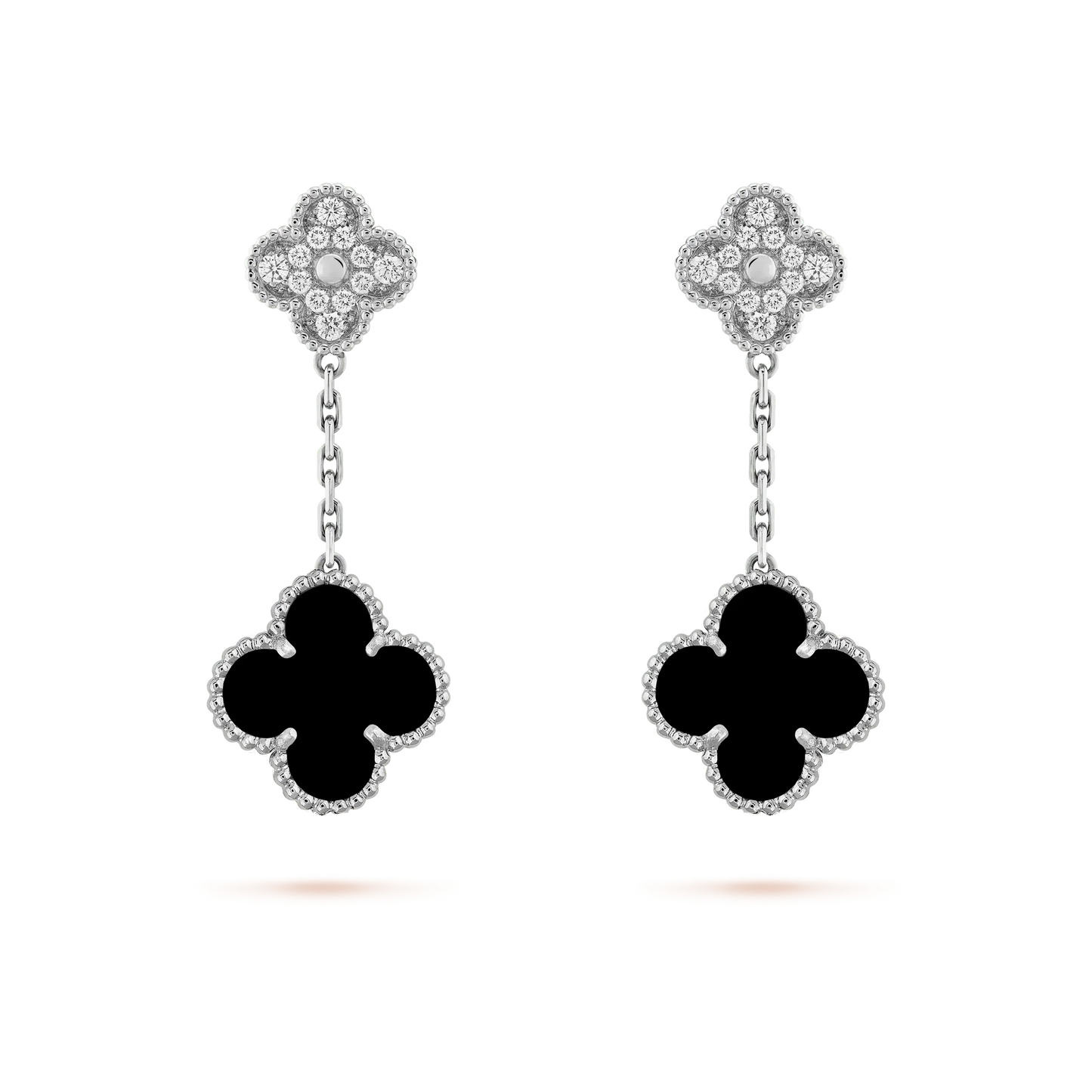 [：Polaidi Jewelry]CLOVER 2 MOTIFS  DIAMOND ONYX EARRINGS SILVER